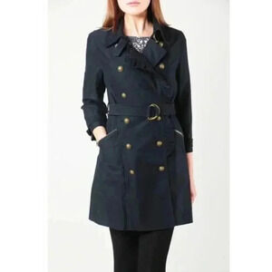 Juicy Couture Trench Coat Women's Small Black Y2K Ruffle‎ Trim Brass Accents